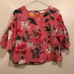 Red Floral striped Zara top with tie back